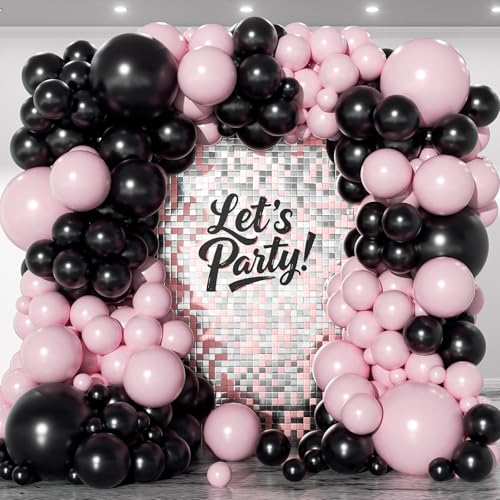 Image of 152Pcs Black and Pink Balloons Garland Arch Kit - 18 12 10 5 inch Different Size Pink Black Balloons for Birthday Anniversary Bachelorette Bridal Shower Baby Shower Prom Party Decorations