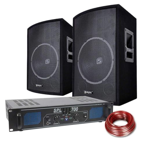 SkyTec 2X 350W - Amplificador y Altavoces PA 700W, 12, EQ, RCA, Jack 3.5mm, Potente Sonido, Graves Intensos, Incluye Cable de 10m, Ideal para DJ’s, Fiestas, Eventos y Música en Vivo