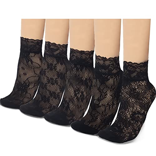 sevening Lace Net Ankle Socks Women - 5Pairs Black Mesh Ruffle Fishnet Socks