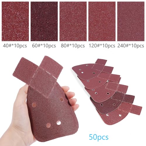 URAQT Mouse papier ścierny, 50 sztuk, arkusze szlifierskie, rzep, detale, arkusze szlifierskie, mysz z 2 dodatkowymi głowicami zapasowymi, 40/60/80/120/240, różne ziarnistości, do Black Decker