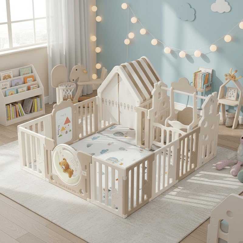 Laufgitter Baby Laufstall Kunststoff ZH30, 150x180cm Babylaufstall mit Spielhaus, Schaukel & Basketballkorb, Indoor & Outdoor Kinderspielplatz, Faltbares Aktivitätscenter, UV-Schutz, Beige