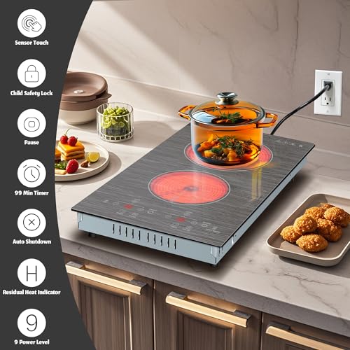 Image of Karinear 2 Burner Electric Cooktop 110V, 12 Inch Countertop & Built-in Electric Stove Top, Plug-in Ceramic Cooktop with Child Safety Lock, Timer, Pause, Smooth Glass Surface with Beautiful Pattern(B)
