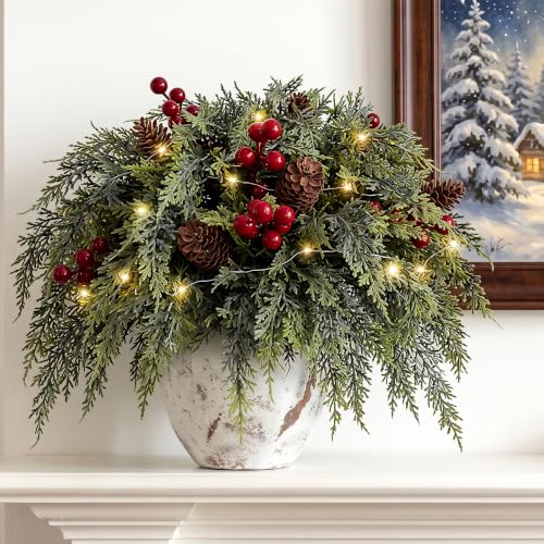24 Piece Set: 12Pcs Christmas Cedar Branches with LED Lights, Red Berries - image 7