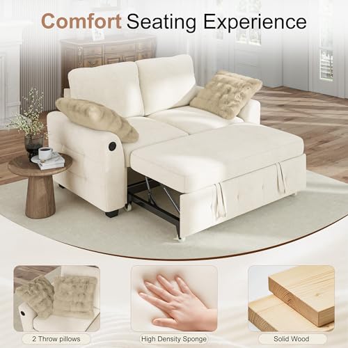 Image of Hanherry 59 inch Loveseat Sofa with Pull Out Couch Bed, Chenille 2-in-1 Convertible 2 Seater Sleeper Sofa with USB Charging,Comfy Love Seat for Small Spaces Living Room Apartment