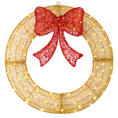 amadecohome 24" Pre-Lit Outdoor Christmas Wreath with 140 LED Lights and Bow, Lighted Metal Christmas Wreath Decoration with Timer Function for Xmas Home Wall Front Door Window Garage (Golden Red)
