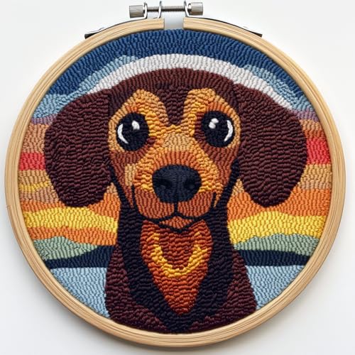 DIY Punch Needle Kits Cute Brown Dachshund with Sunset BEasy for Beginners Punch Needle Yarn Starter Embroidery Set for Craft Lovers with Hoop for Home Decor 20x20cm