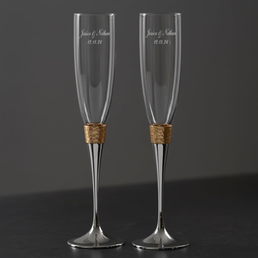 Personalization Universe Gold Hammered Engraved Champagne Flute Set - Custom Wedding Decor, Vintage-Inspired Glass for Bride and Groom - 5 oz, Gift Box Included