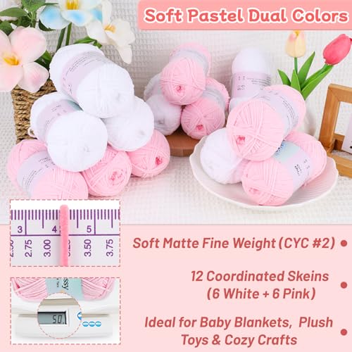 Image of Skinny Chenille Yarn Set - 12 Skeins Soft Baby Yarns (1.76oz /50g, 6 White + 6 Pink, Total 1,896yd) - Fine Weight Matte Chenille Yarn for Crocheting - Soft CYC#2 for Baby Blankets, Plush Toys