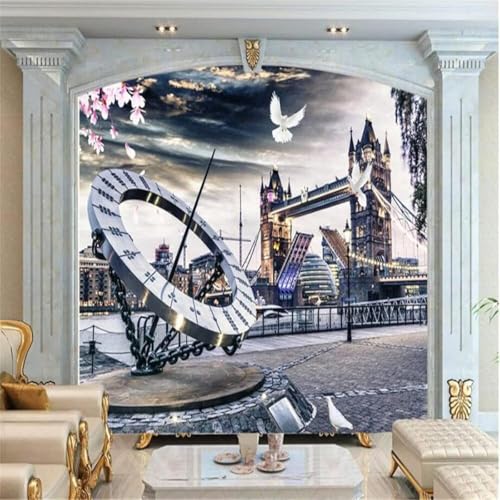 XLMING Dreidimensional Stadt Architektur Brücke Vögel Uhr 3D Tapete Premium Strukturierte Seide Speisesaal Arbeitszimmer Wohnzimmer Schlafzimmer Sofa TV Wand-200cm×140cm