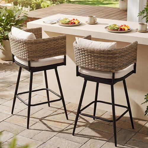 Outdoor Swivel Bar Stools Set of 2, PE Rattan Patio Counter Stools, All-Weather Waterproof Outdoor Bar Seating with Metal Frame for Backyard, Poolside, Balcony & Patio Bar, Khaki