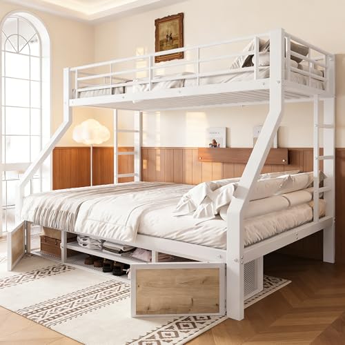 Cayipng Litera para niños con Zapatero + Compartimentos para Objetos, litera para niños 90 x 200 + 140 x 200 cm, litera Doble de Metal con barandillas de Seguridad y Escalera, EN747, Blanco