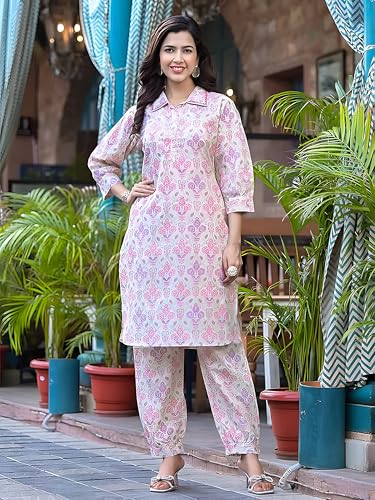 Image of Pinkmint Women's Muslin Printed Kurta Set with Pants & Dupatta l 3 Piece Ethnic Suit for Casual