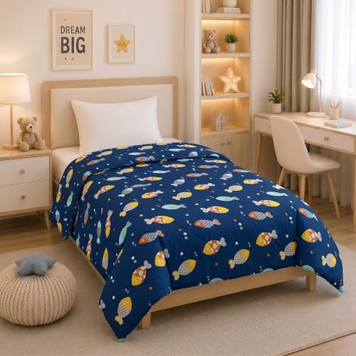 Image of Filymore Single Bed Cartoon Printed Blankets for Kids | Dohar for Kid Boys & Girls | Glace Cotton Soft Children Comforters | Summer & Winter Blankets (60x90 Inches) (Fish Blue)