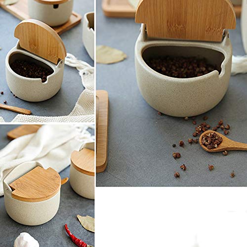 HLTYGWX Słoiki na przyprawy, pojemnik na sól do kuchni, ceramiczny słoik na przyprawy z klapką, pudełko na przyprawy kuchenne, zestaw słoików, domowa osłona bambusowa, kuchenna, słoik na przyprawy