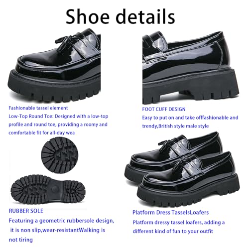 Mens Leather Slip-On Platform Dress Tassels Loafers Non-Slip Low Top Round Toe Chunky Penny Shoes Fashion for Business Casual Dress Prom Party4