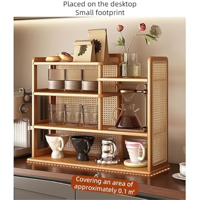 Kitchen Countertop Storage Rack Cup Holder Mug Organizer Display Rack Bamboo Multi-Layer Shelves with Rattan Decor for Dinning Room Study Office Elegant(Natural,50cm)