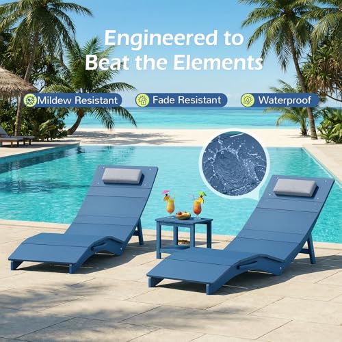 Image of Stoog Folding Pool Lounge Chair, HIPS Outdoor Anti-Floating Recliner with Headrest, Pool Chairs for Hotel, Beach & Sun Decks, Blue