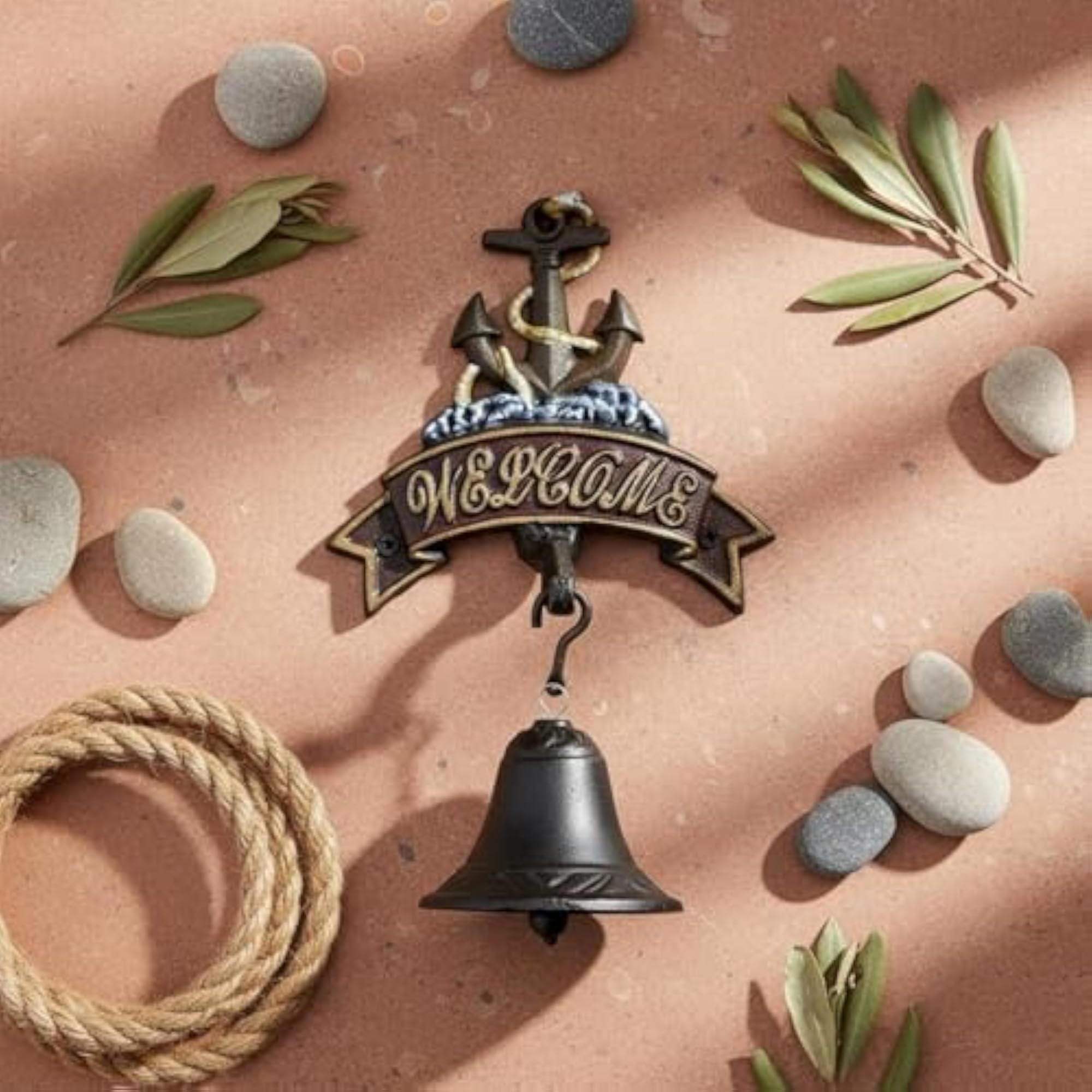 Mediterranean Nautical Anchor Entry Bell, Vintage Cast Iron Pull Bell