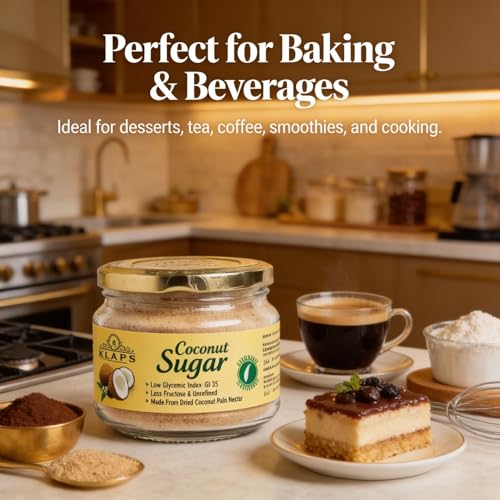 Image of KLAPS Organic Coconut Sugar | Unrefined Natural Sweetener | Low Glycemic Index, Chemical-Free | Vegan, Non-GMO, Healthy Dessert & Baking Sugar | 3x 259g