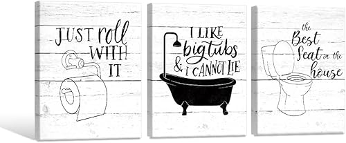 Miniatura 2 de Divertido lienzo para baño, arte de pared en blanco y negro, juego de póster de 3 piezas con citas de baño, pintura retro de madera, arte para baño,