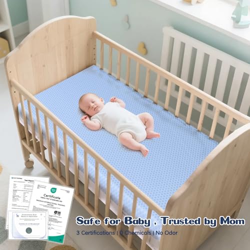 Image of Crib Mattress Dual Sided Memory Foam Baby Toddler Bed Mattress, 52 inch x 27.6 inch x 5.5 inch Soft Breathable Mattresses with Removable Machine Washable Cover, Fits Standard Cribs&Toddler Beds, White&Blue
