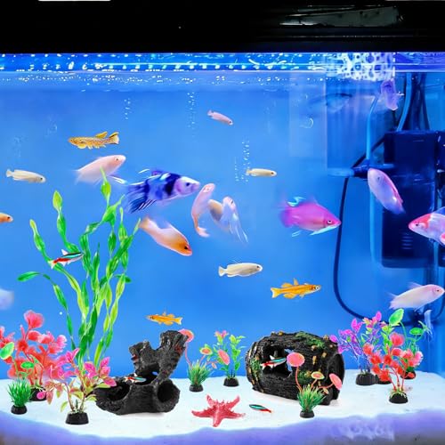 14pcs Fish Tank Decorations Set, Aquarium Decor Driftwood, Resin Fish Broken Barrel and Artificial Plastic Plants, Fish Bowl Ornaments Betta Tank Hideout Accessories - Image 3