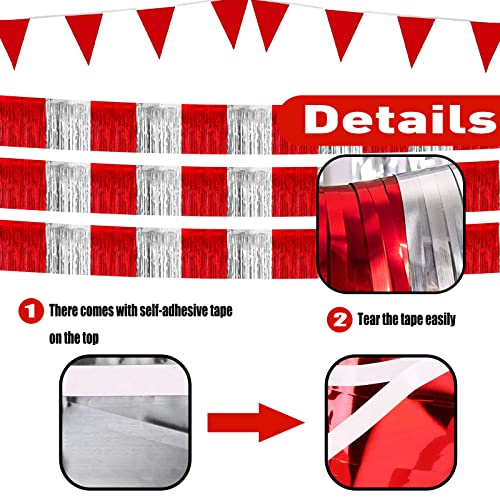 Image of 6 Pack 10 Feet Red Silver Foil Fringe Garland Metallic Tinsel Streamers Banner Wall Hanging Curtain Backdrop Banner for Parade Floats, Thanksgiving, Christmas, Birthday, Halloween Party Decorations