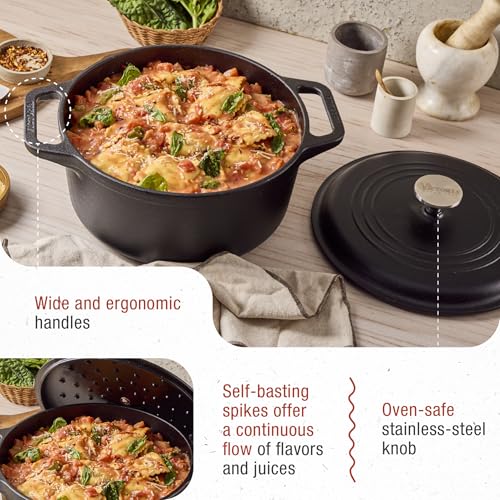 Image of Victoria Cast Iron Large Dutch Oven with Lid and Dual Handles. 7 Quart Pot Seasoned with 100% Kosher Certified Non-GMO Flaxseed Oil