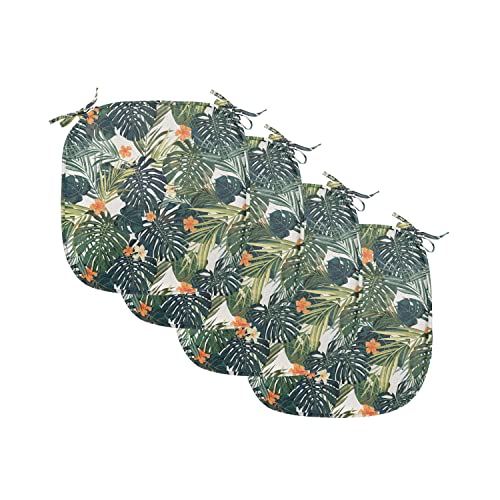 Ambesonne Green Chair Seating Cushion Set of 4, Hawaiian Summer Aloha Pattern Tropical Plants and Hibiscus Flowers, Anti-Slip Seat Padding for Kitchen & Patio, 16