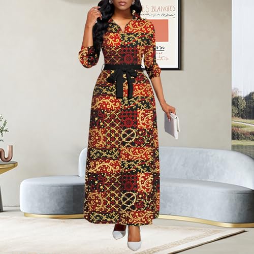 Image of Maxi Dresses for Women Casual Long Sleeve Crewneck Floor Length Dress | Floral Print,Swing,Soft Fabric,with Belt and Pockets