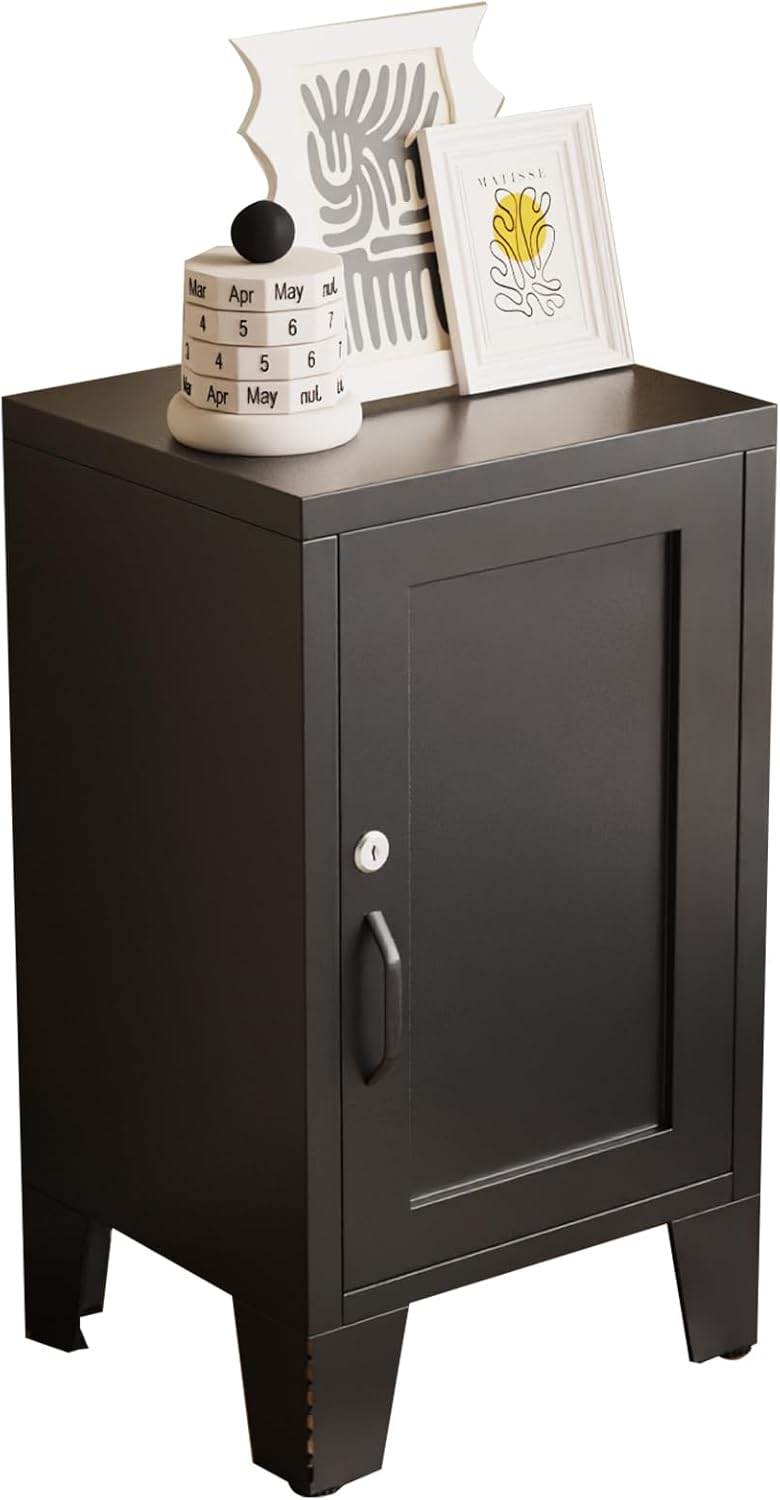 ALBAD Metal Nightstand with Lockable Cabinet, Compact Mini Locker Bedside Table for Kids & Adults, Modern Steel Side Table for Bedroom, Dorm, or Living Room (Black)