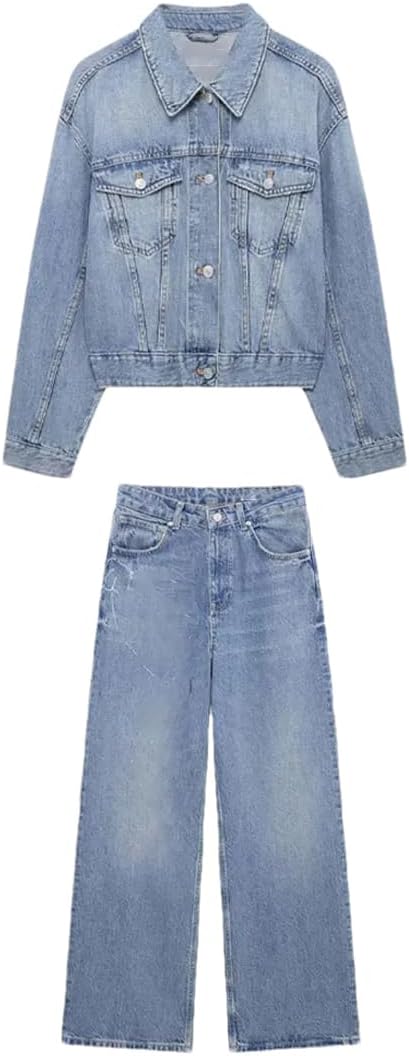 Womens 2 Pieces Sets Denim Jacket With Rhinestones And Wide Leg Pants Set Casual Trousers
