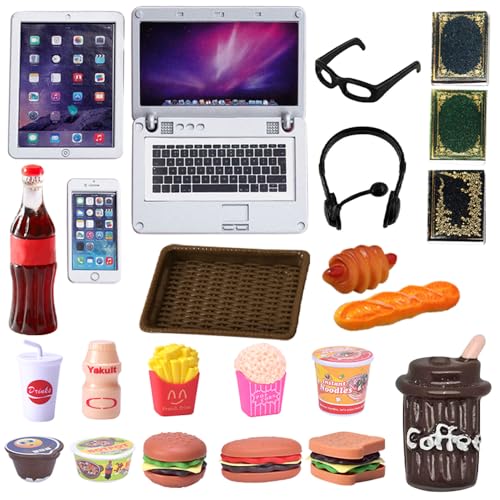 Fiotha Accesorios para Casa de Muñecas Miniaturas, Comida y Bebida en Miniatura, Libros En Miniatura, Mini Tableta, Accesorios Casa de Muñecas para Niños, Juego de Imitación, 23 Piezas