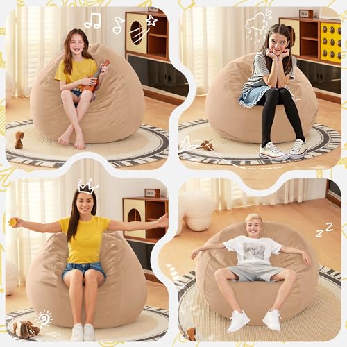 Image of HABUTWAY 2FT Bean Bag Chair, 2' Beanbags Small Bean Bag Chairs with Filling, Teardrop Bean Bag Chair Luxurious Velvet Ultra Soft Fur with Removable Cover(Khaki)