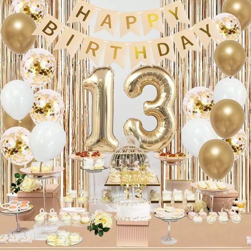 Image of Trgowaul 13th Birthday Decorations for Girls, Banner, Sash and Crown, Cake Topper, 13 Number Balloon, Fringe Curtains, Champagne Gold 13 Birthday Party Supplies