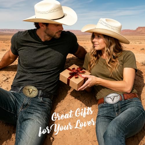 Image of SANSTHS Genuine Leather Cowboy Belts for Men Western Belt Buckle for Jeans