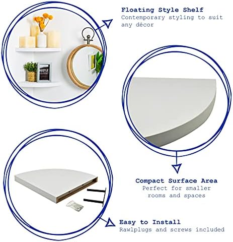 1x White 29.5cm x 29.5cm Floating Corner Wall Shelves Set Compact Curved Easy to Install Shelf Office, Bedroom, Living Room Storage Wall Mounted Shelves
