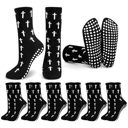 6 pairs Cross Grip Soccer Socks Anti Slip Cross Religious Crew Socks with Rubber Dots Faith for Yoga Football