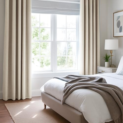 Deconovo Linen-Look 100% Blackout Curtains, Thermal Insulated Grommet Coating Drapes for Bedroom & Living Room, Flaxen 52W x 84L 2 Panels - Thumbnail 3