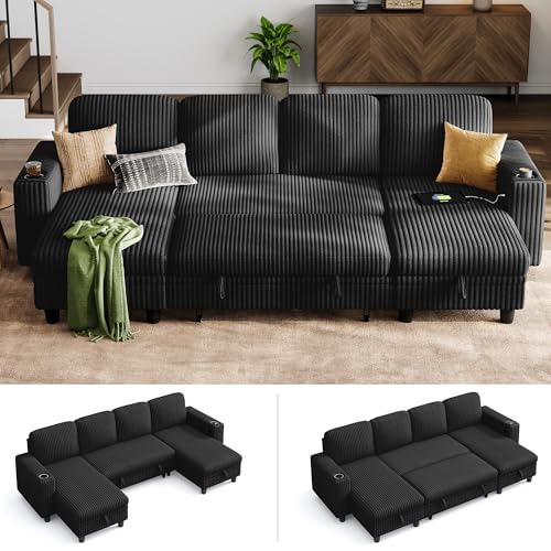 Image of LINSY HOME Sectional Sleeper Sofa Pull Out Couches for Living Room (Black, Sleeper Sofa 3) | Pull Out Sofa Bed, Storage, USB Charging, Cup Holders, Plush Corduroy
