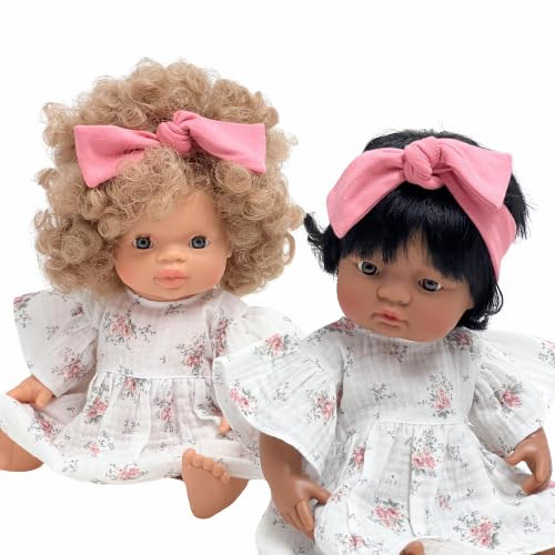 Miniland 38cm and Paola Reina muslin white doll dress with pink flowers