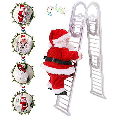 WELLXUNK® Santa Claus subiendo la Escalera, muñeco de Peluche de Santa Claus de Doble Pista Creativo eléctrico Mejorado con música, decoración de la Puerta de la Familia de la Fiesta de Navidad