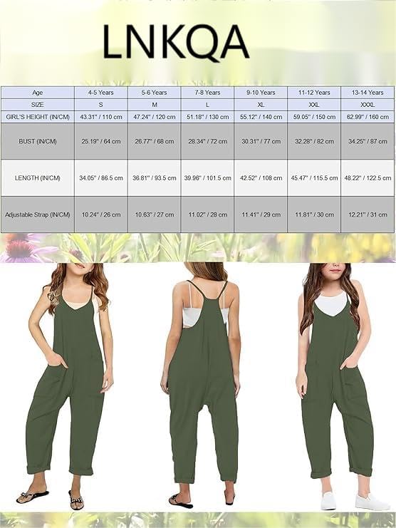 Girl's Casual Sleeveless Jumpsuits Spaghetti Straps Harem Long Overalls With Pockets - Image 5