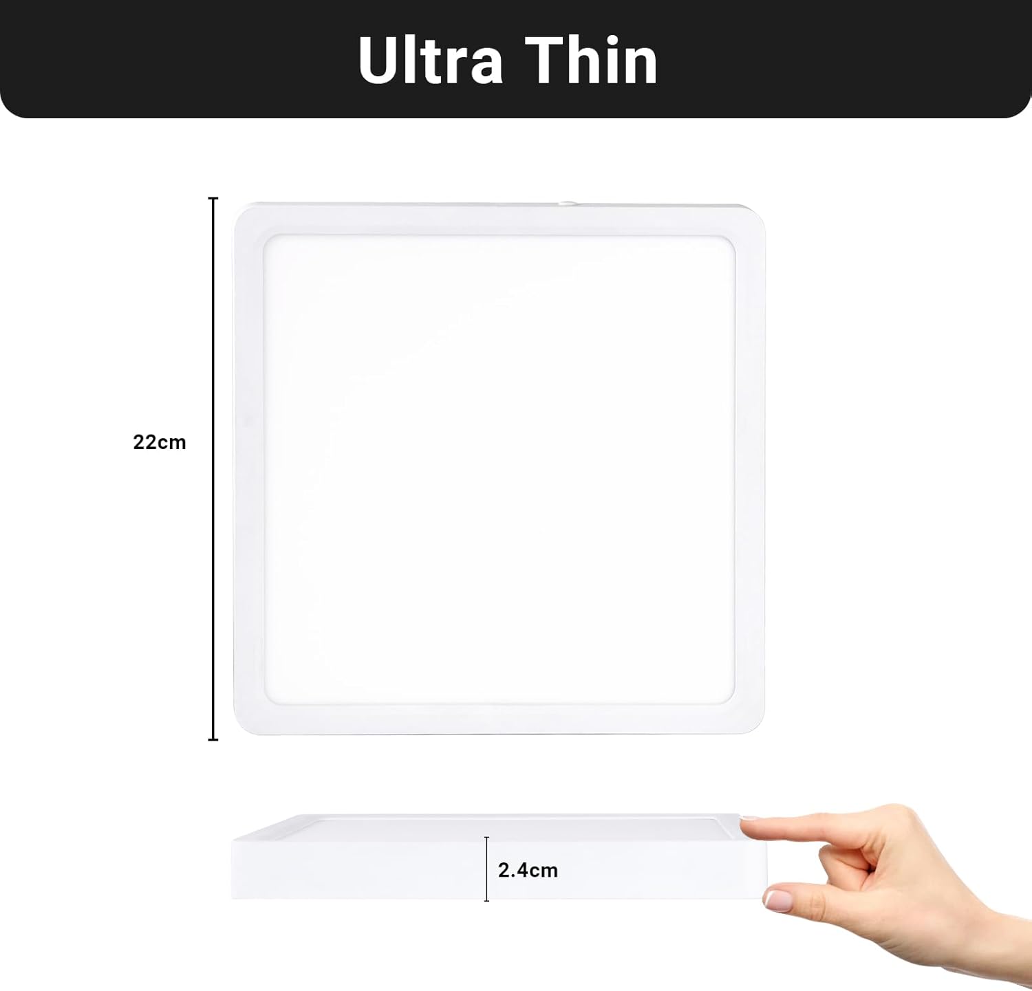 Diagram showing the ultra-thin dimensions of the LQWELL LED Ceiling Light: 22cm x 22cm x 2.4cm.