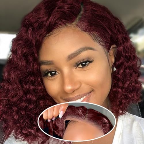 ISWEET HD Glueless Wigs Human Hair Pre Plucked Pre Cut Bob 4x4, 12 Inch Burgundy 210% Density Hairline Curly Bob Wig Human Hair, Wear and Go Deep Wave Lace Front Wigs Human Hair for Black Women