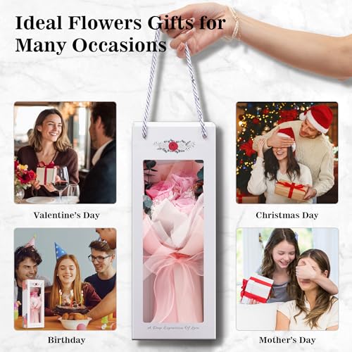 Image of Flower Bouquet Gifts for Her, Flowers for Delivery Prime, Preserved Roses Flower Gifts for Women, Valentines Flowers, Mom Gifts from Daughter Son, Birthday Gifts, Real Roses,Pink Roses