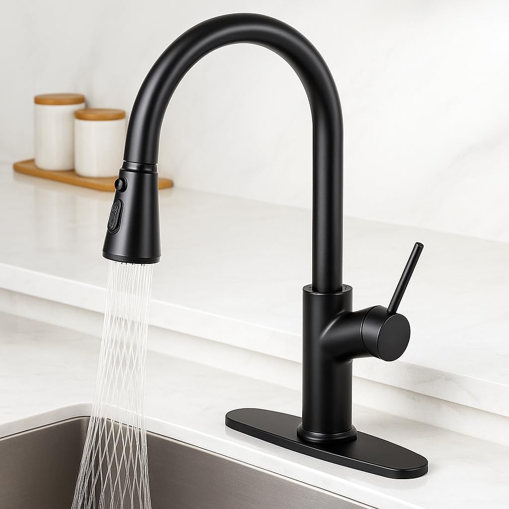 Kitchen Faucet with Pull Down Sprayer Matte Black, High Arc Single Handle Kitchen Sink Faucet with Deck Plate, Stainless Steel Faucet for Kitchen Sink for Farmhouse Laundry Rv