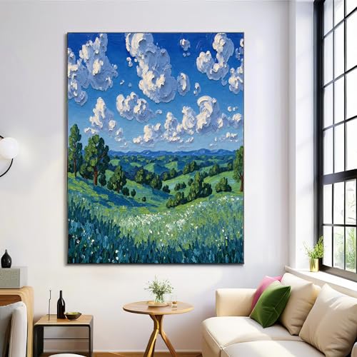 Peinture à l'huile impressionniste nuage blanc champ pour illuminer un salon sombre et vide