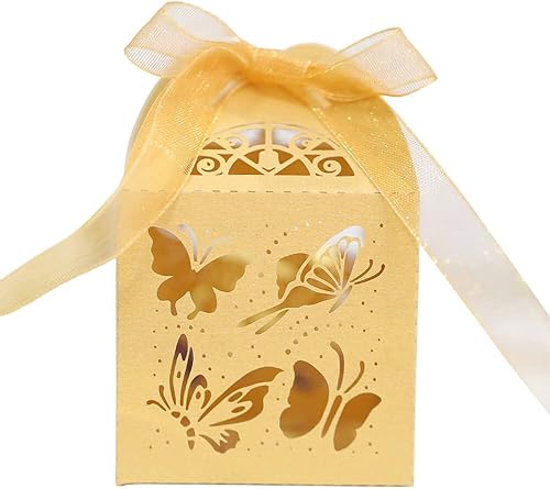 Surakey Paquete de 50 cajas de regalos de mariposa cortadas con láser para bodas, bolsas de dulces, cajas de regalo de chocolate, despedidas de