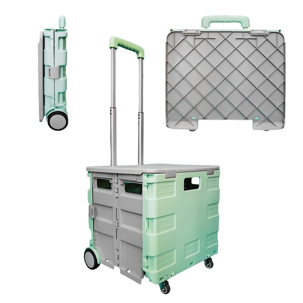 Berry 40 KG Foldable Shopping Trolley - Mint Green & Grey, Plastic Trolley Cart with 4 Wheels and Lid, Portable Cart with Telescopic Handle, Multipurpose Utility Cart for Shopping, Teacher, Laundry โ image 1
